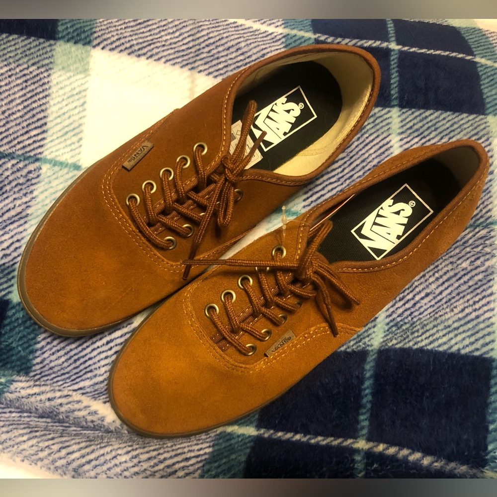 Brown suede vans shoes, “Monk’s Robe, authentic lo. pro.”